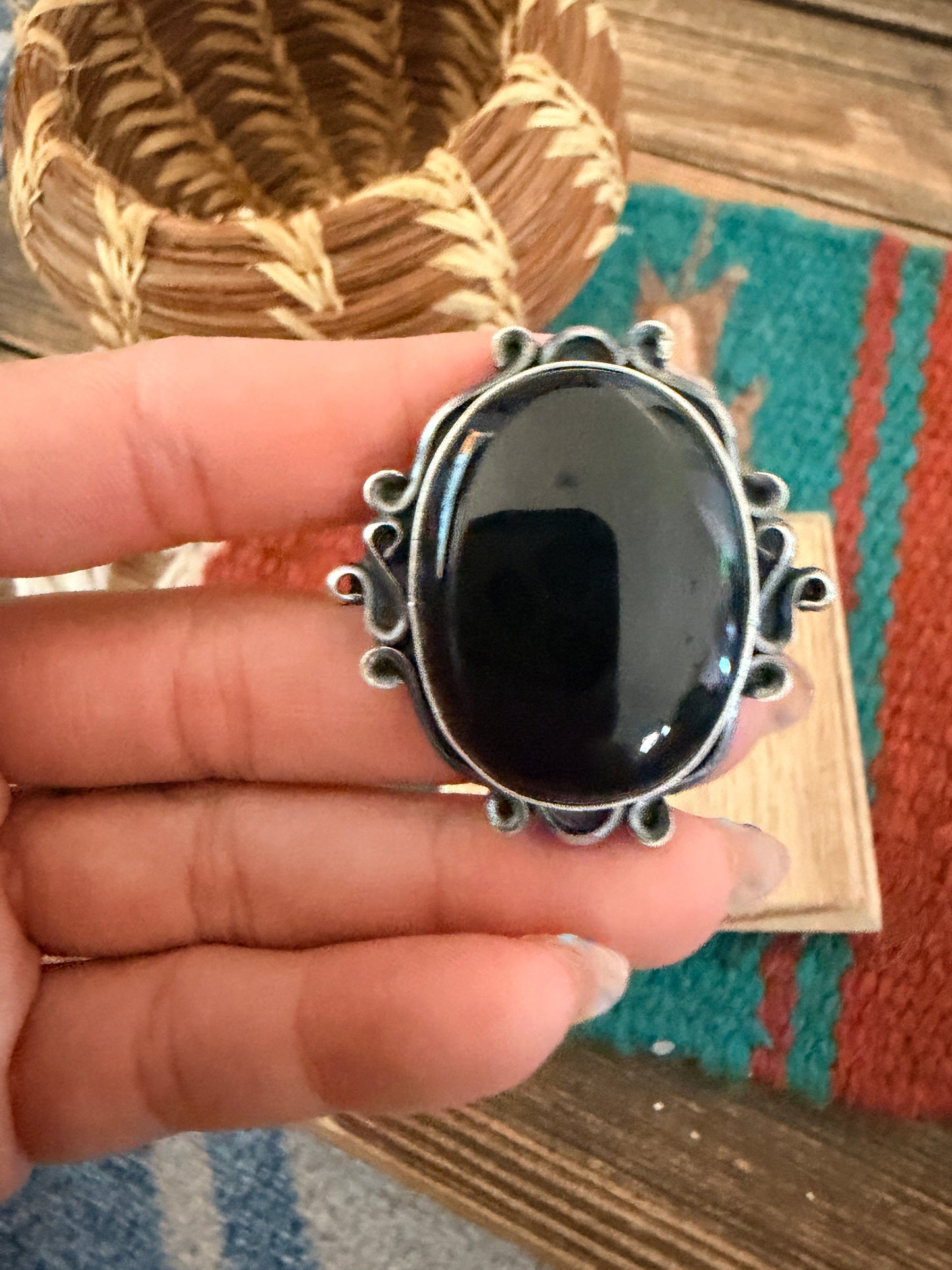 Handcrafted Black Onyx & Sterling Silver Ring Size 9
