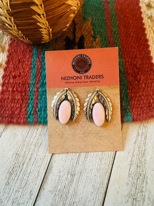 Handcrafted Sterling Silver & Queen Pink Conch Leaf Post Earrings