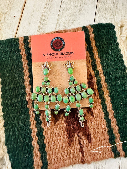Handcrafted Green Turquoise & Sterling Silver Cluster Dangle Earrings