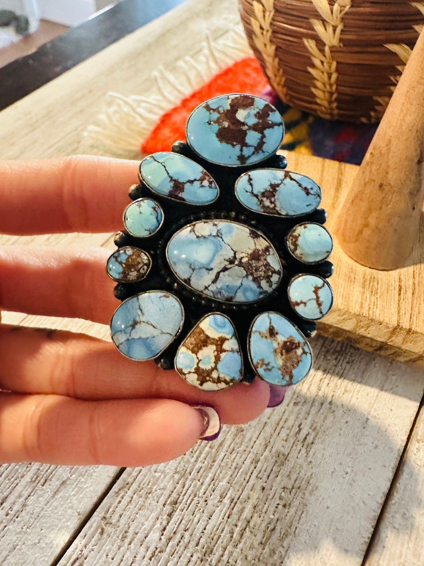 Handcrafted Golden Hills Turquoise & Sterling Silver Cluster Ring by Blaine Yellowhorse, Size 7
