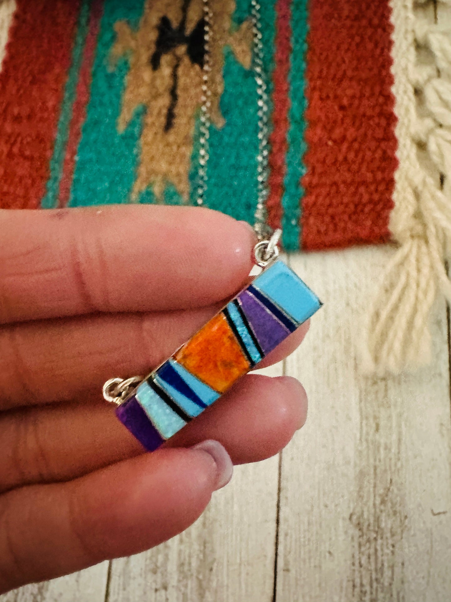 Handcrafted Multi Stone & Sterling Silver Inlay Bar Necklace