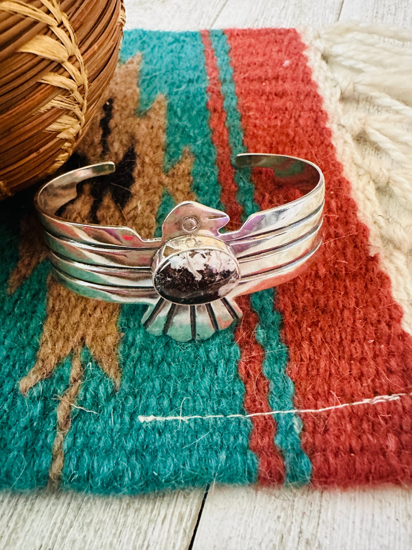 Handcrafted Wild Horse & Sterling Silver Thunderbird Cuff Bracelet
