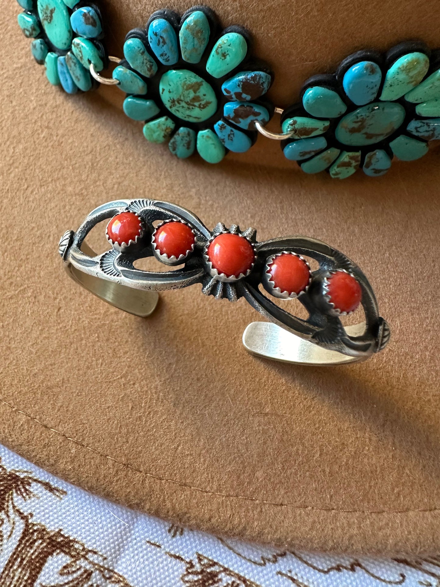 Navajo Coral & Sterling Silver Cuff Bracelet Signed Kevin Billah