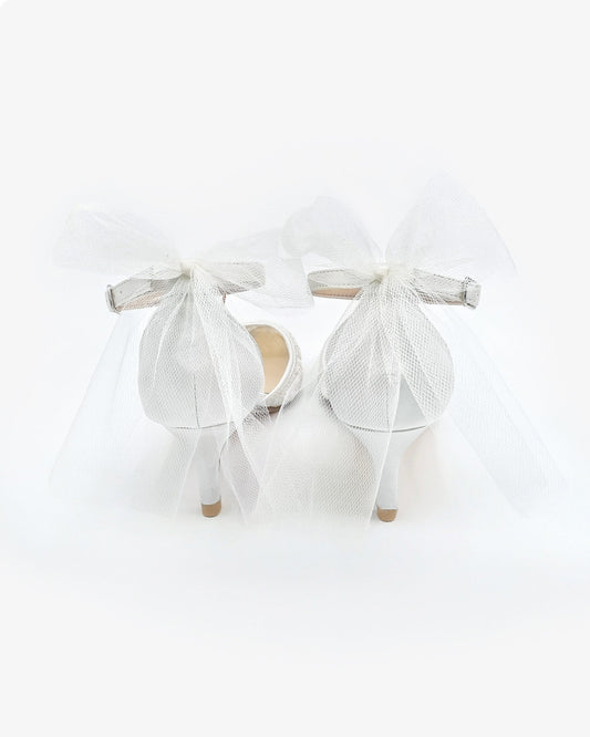 Crochet Lace Pointy Toe Wedding Kitten Low Heel with Tulle Back Bow