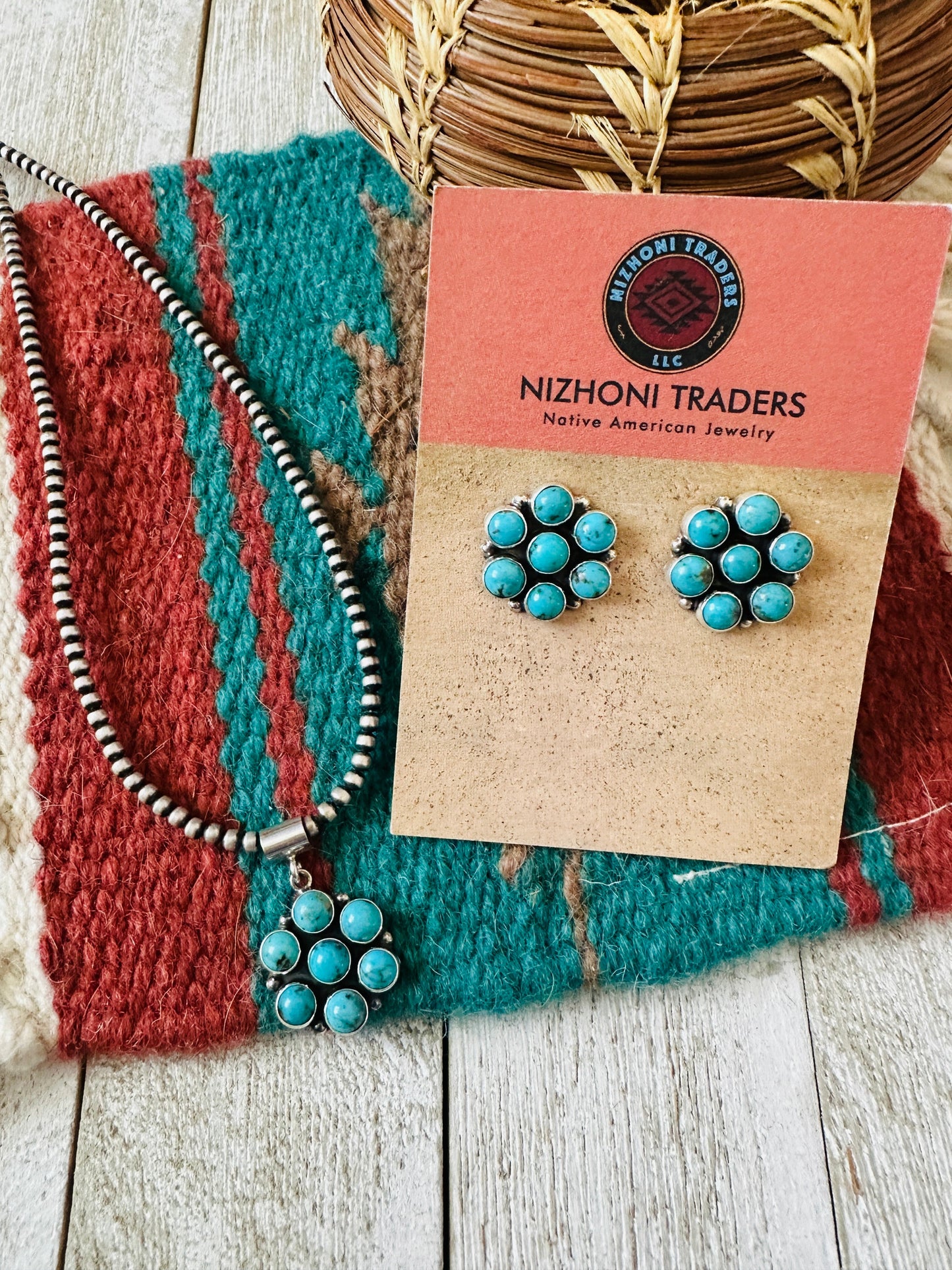 Handcrafted Sterling Silver & Turquoise Cluster Pendant and Earring Set