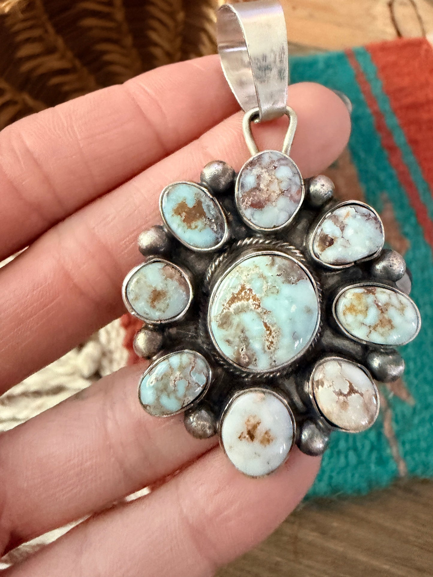 Handcrafted Sterling Silver & Dry Creek Turquoise Cluster Pendant by Travis Jim