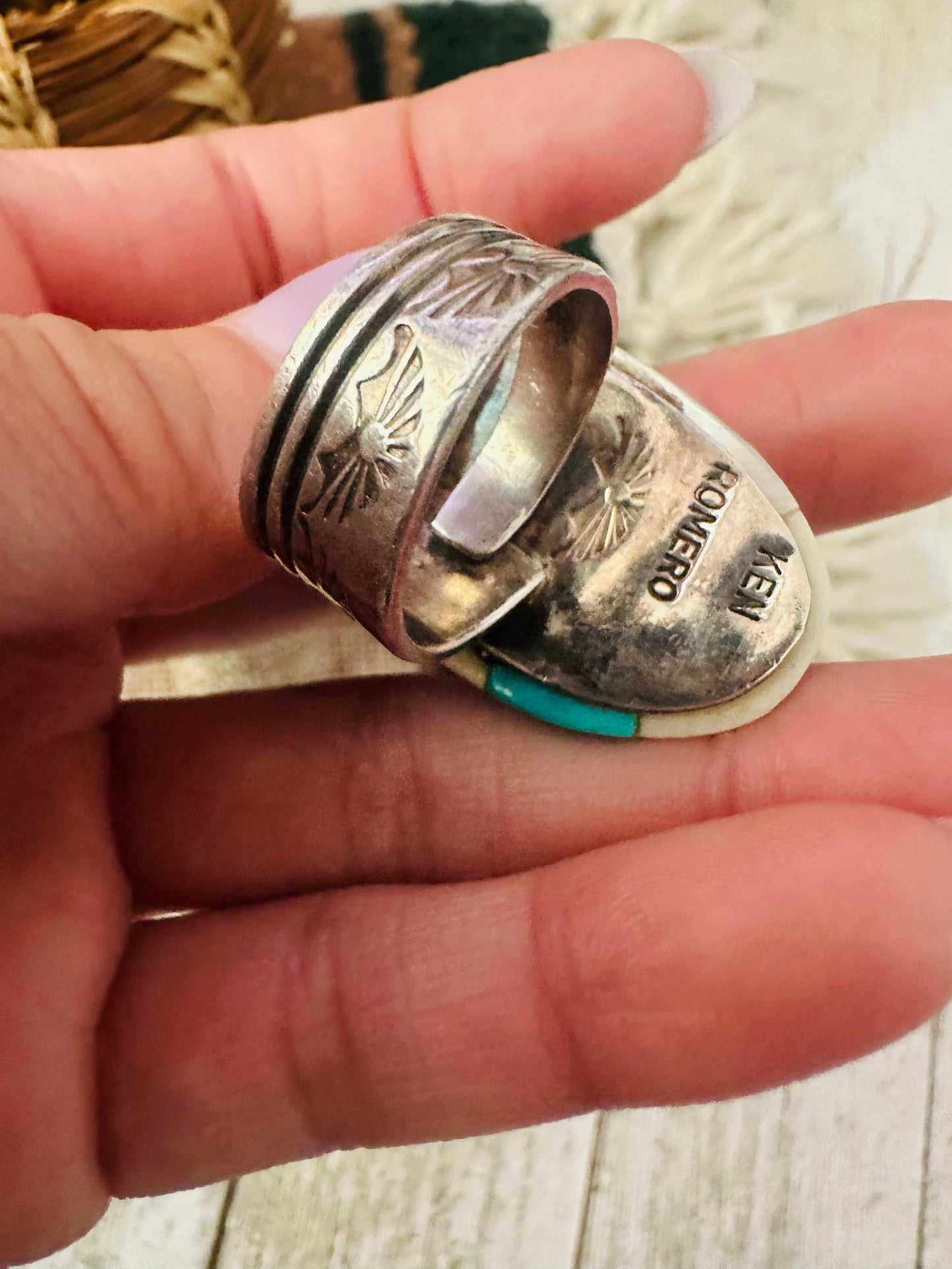 Old Pawn Handcrafted Multi Stone & Sterling Silver Inlay Adjustable Ring by Ken Romero