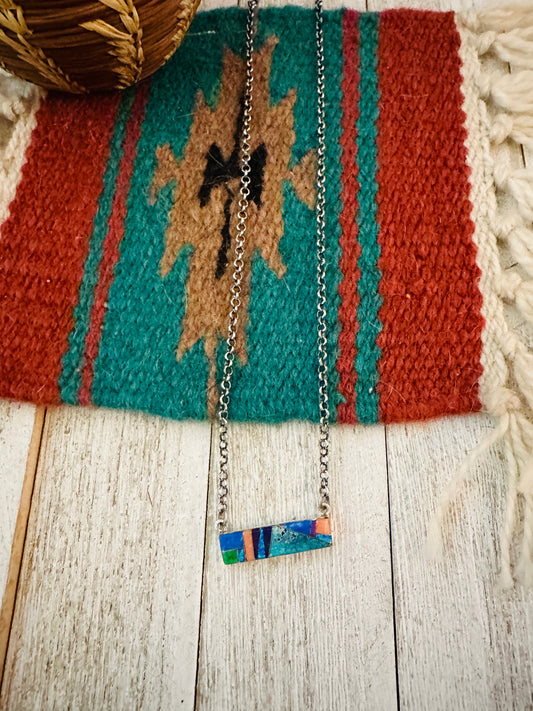 Handcrafted Multi Stone & Sterling Silver Inlay Bar Necklace