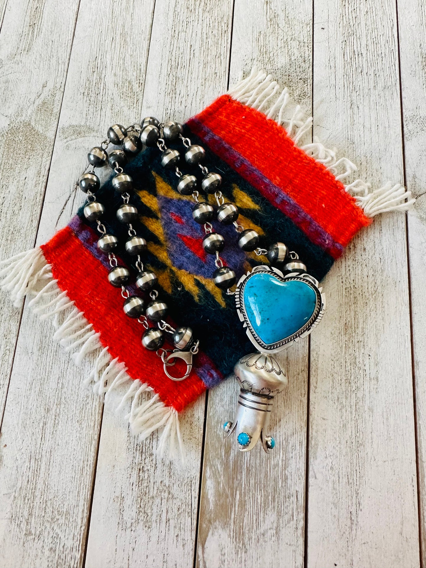 Handcrafted Sterling Silver & Turquoise Heart Blossom Beaded Necklace