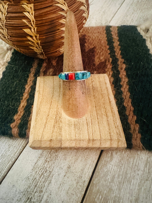 Handcrafted Turquoise, Coral, Lapis & Sterling Silver Inlay Ring Size 6