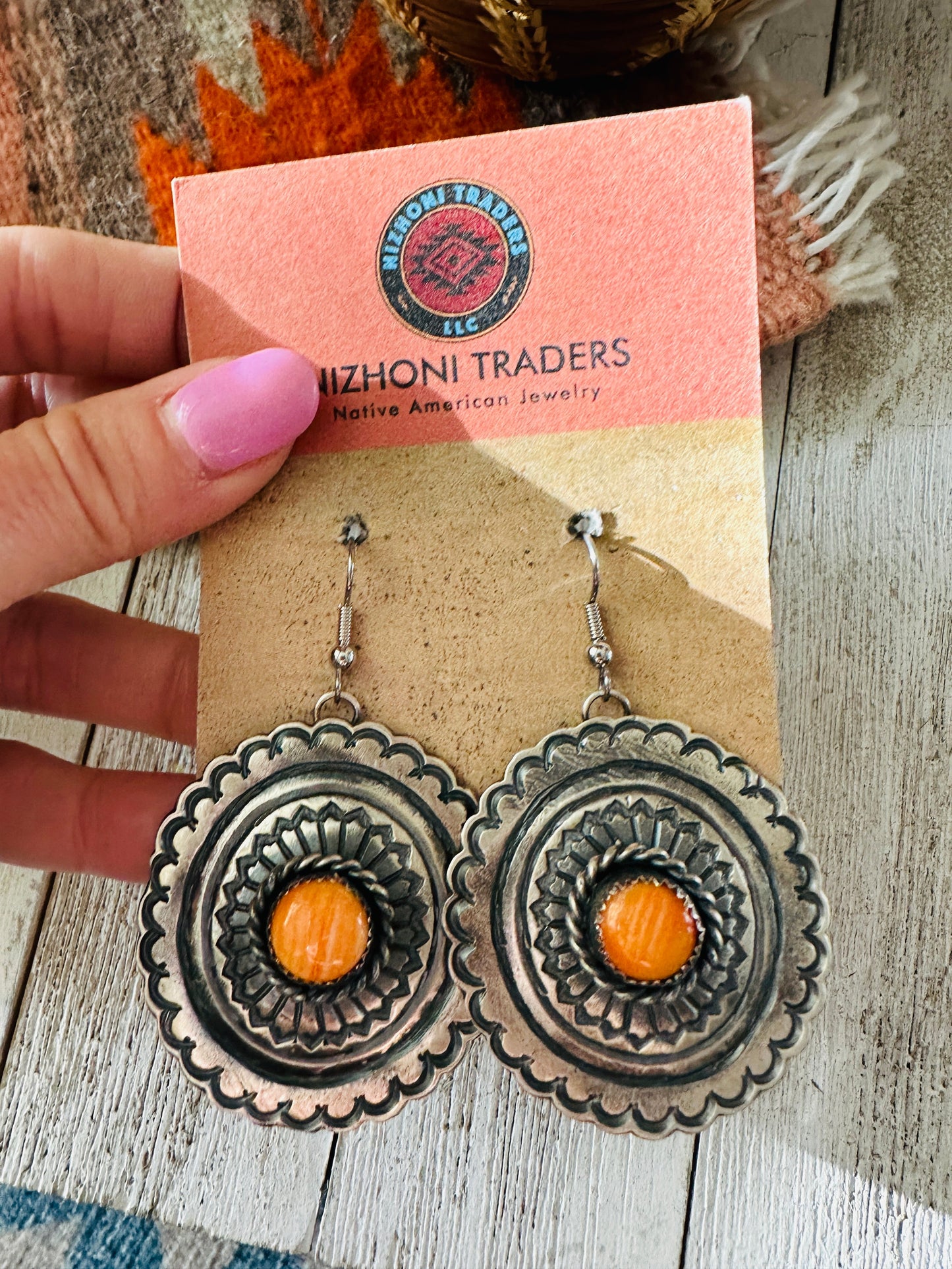 Handcrafted Orange Spiny and Sterling Silver Concho Dangle Earrings