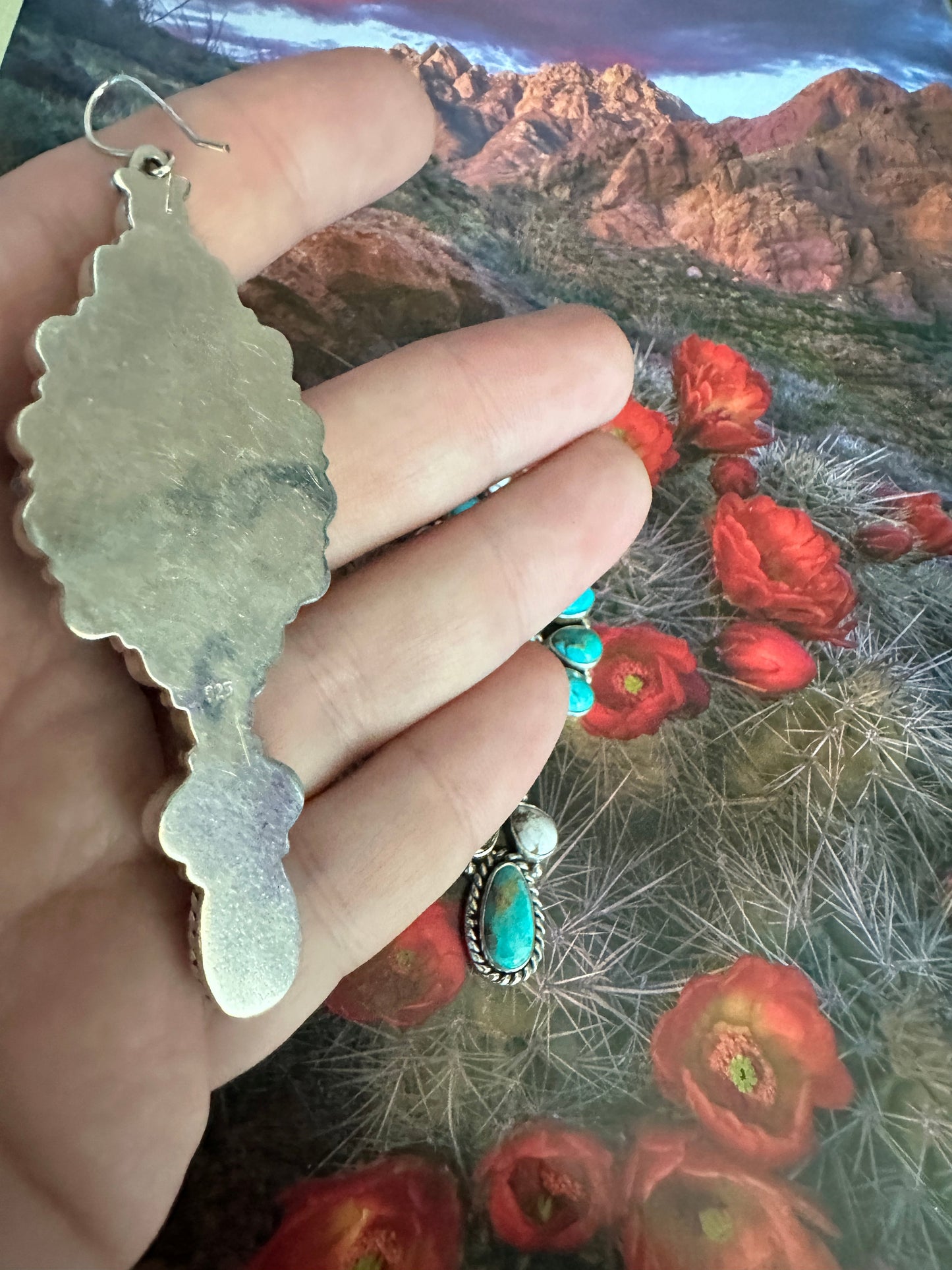Handmade Turquoise, Wild Horse And Sterling Silver Cluster Dangle Earrings