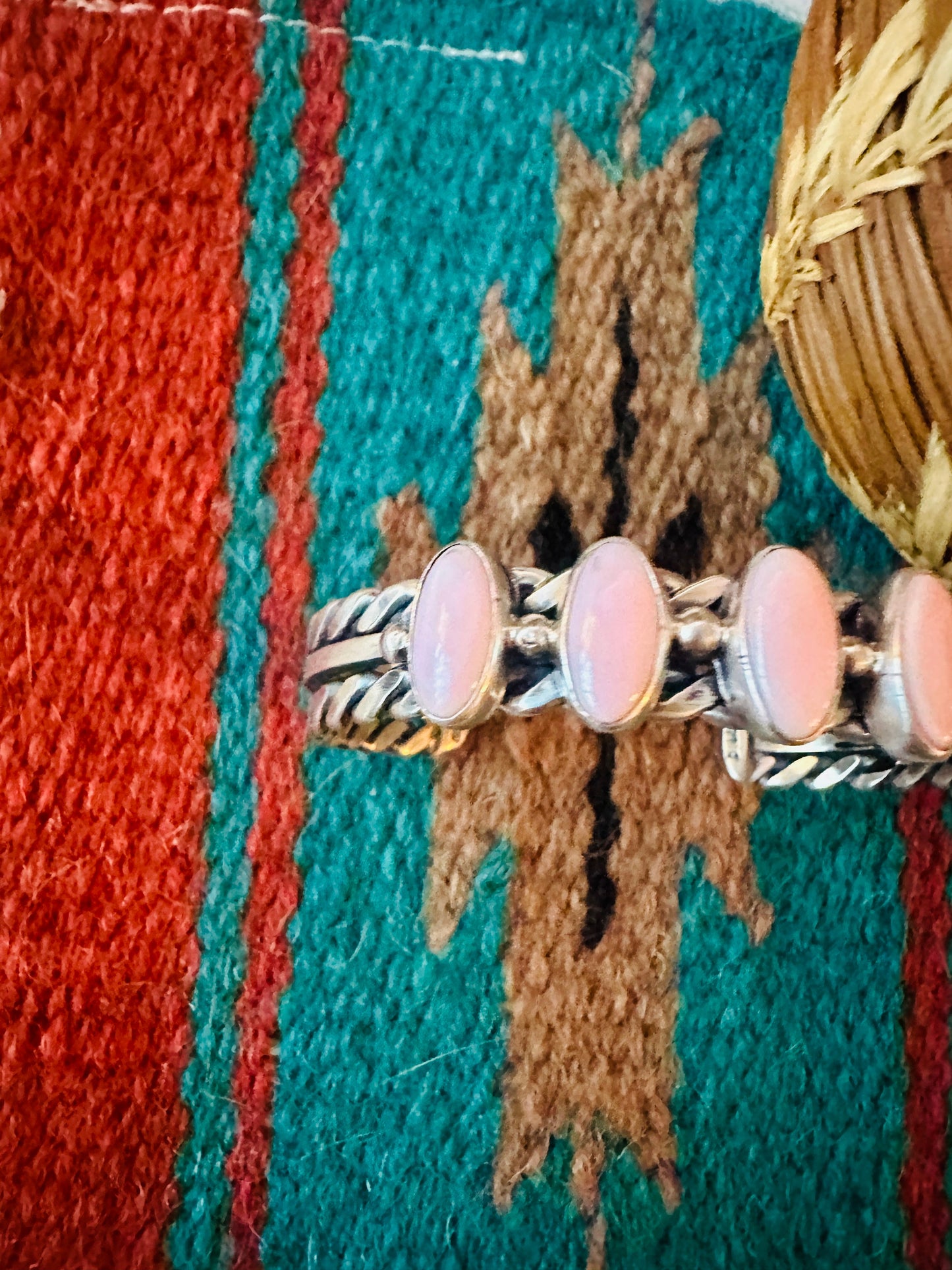 Handcrafted 5 Stone Queen Pink Conch Shell & Sterling Silver Cuff Bracelet