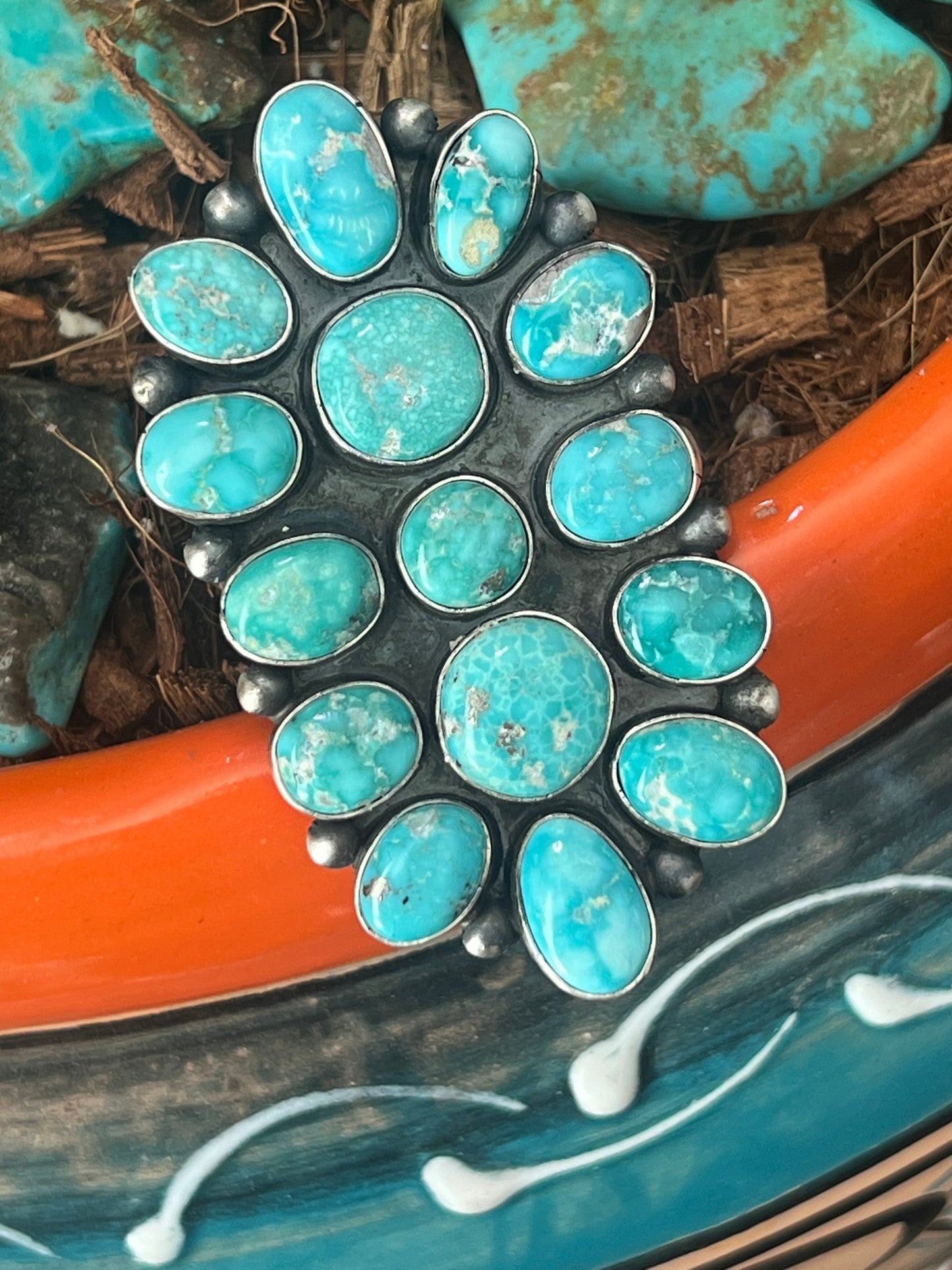 Handcrafted Paul Livingston Sterling Silver and Campitos Turquoise Cluster Ring, Size  7