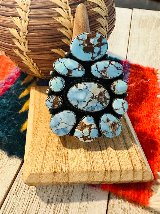 Handcrafted Golden Hills Turquoise & Sterling Silver Cluster Ring by Blaine Yellowhorse, Size 7