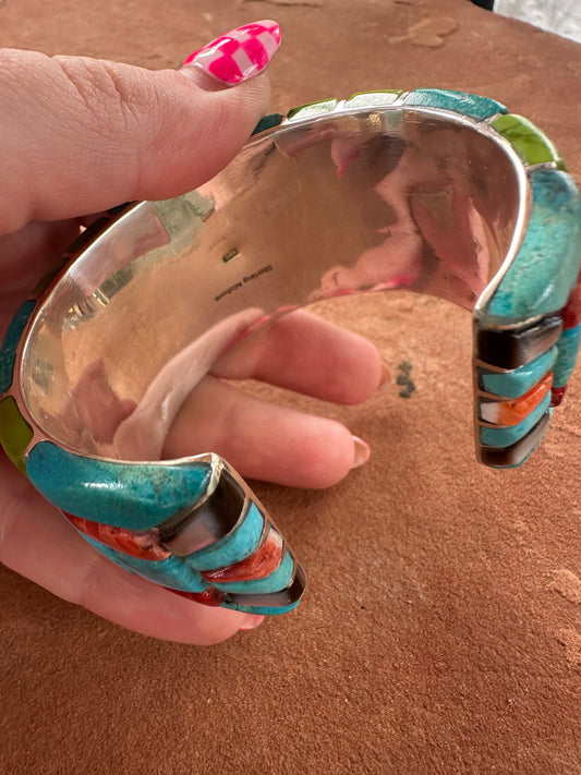 Handmade Sterling Silver Multi Stone Southwest Inlay Sunface Cuff