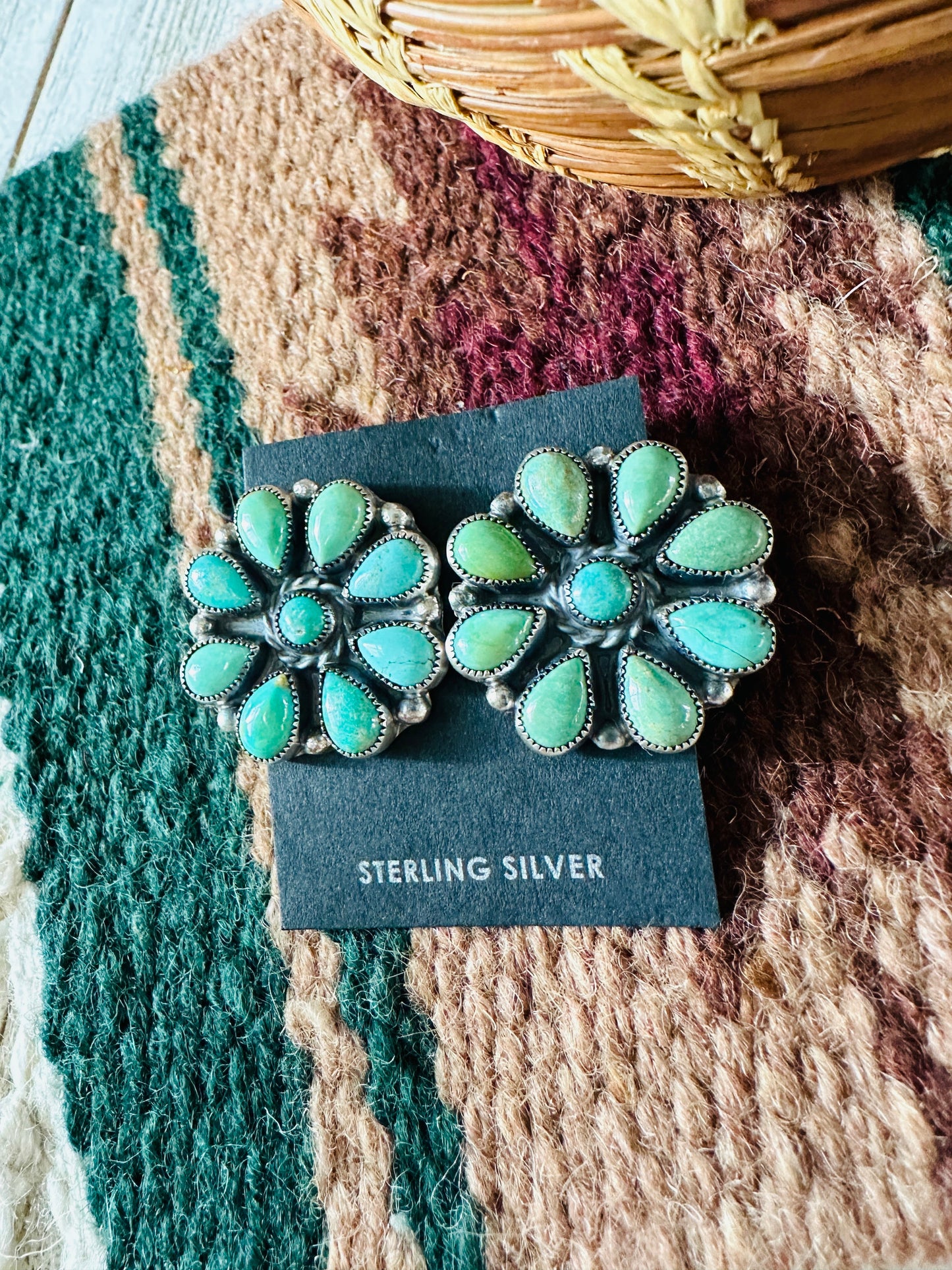 Navajo Sterling Silver & Green Turquoise Cluster Stud Earrings 1 1/8”