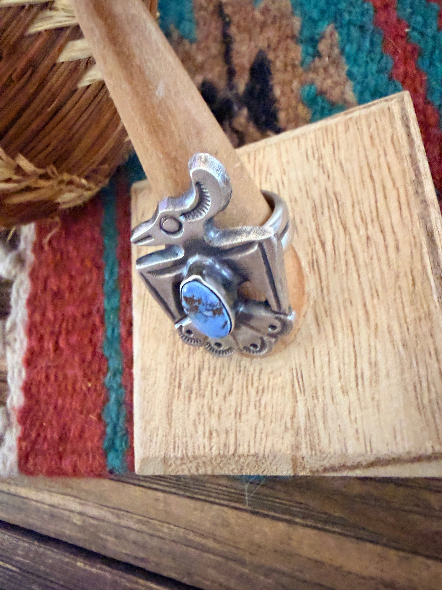 Handcrafted Golden Hills Turquoise and Sterling Silver Thunderbird Ring size 8.5 by Chimney Butte