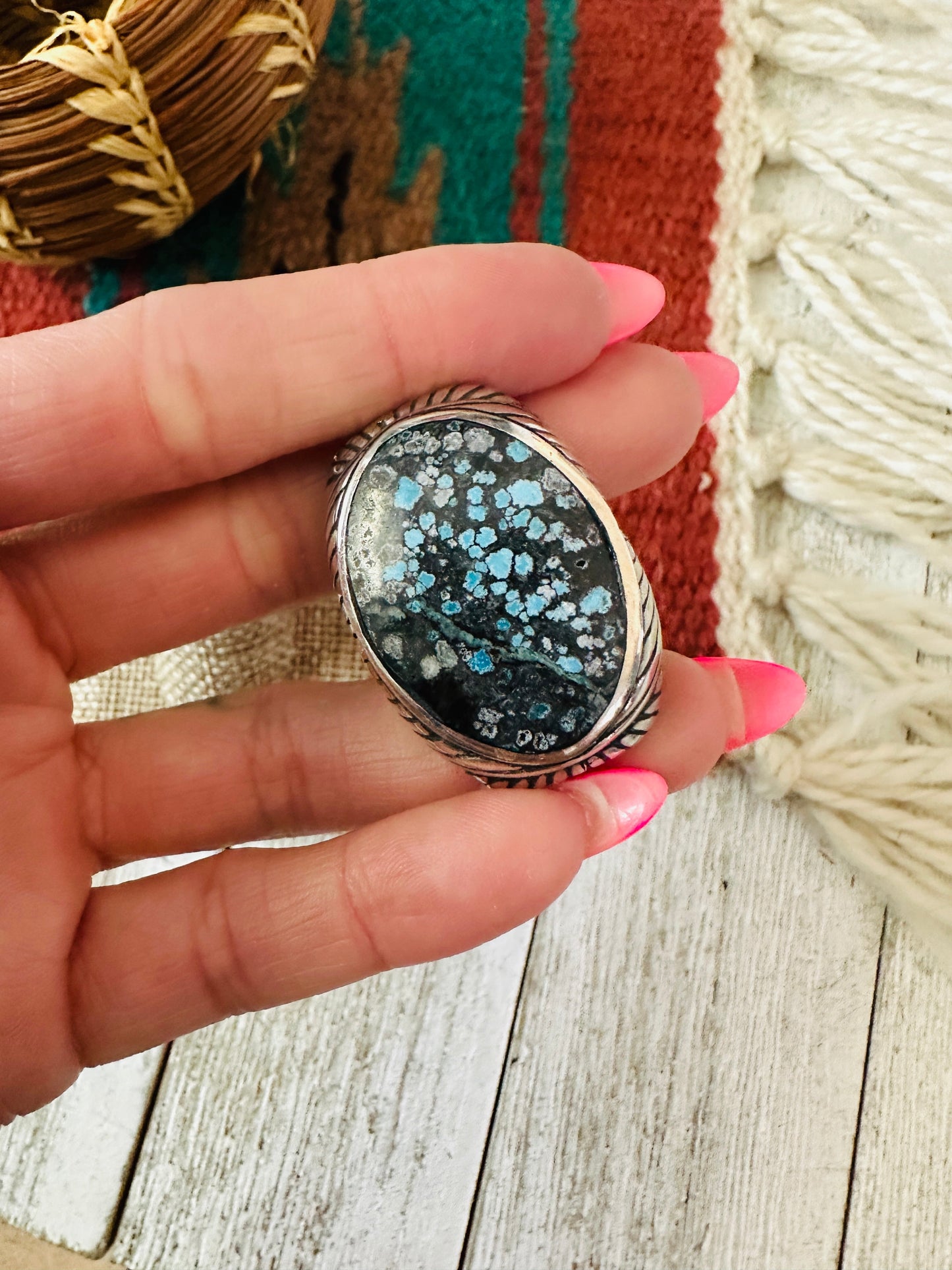 Old Pawn Handcrafted Sterling Silver & Kingman Web Turquoise Men’s Ring Size 10