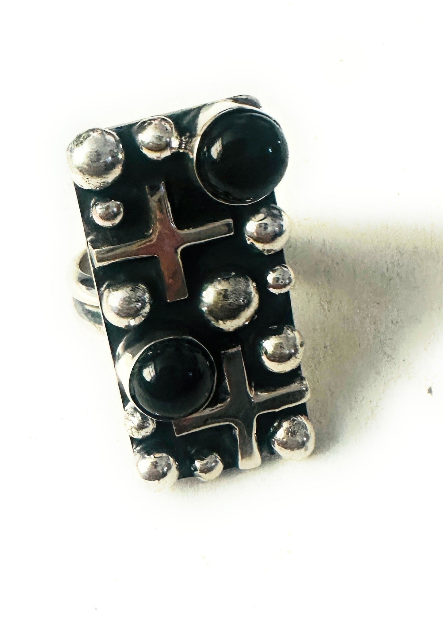 Navajo Onyx & Sterling Silver Cross Ring Chimney Butte