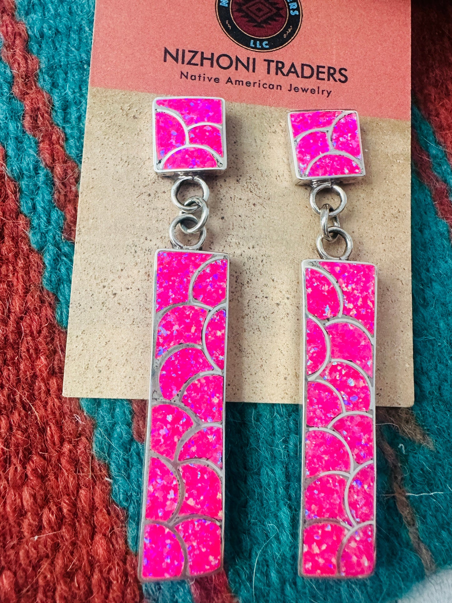 Handcrafted Sterling Silver & Pink Fire Opal Inlay Dangle Earrings