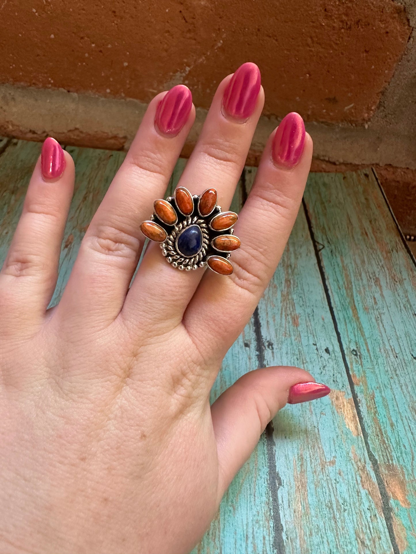 Handmade Lapis, Orange Mojave And Sterling Silver Adjustable Ring