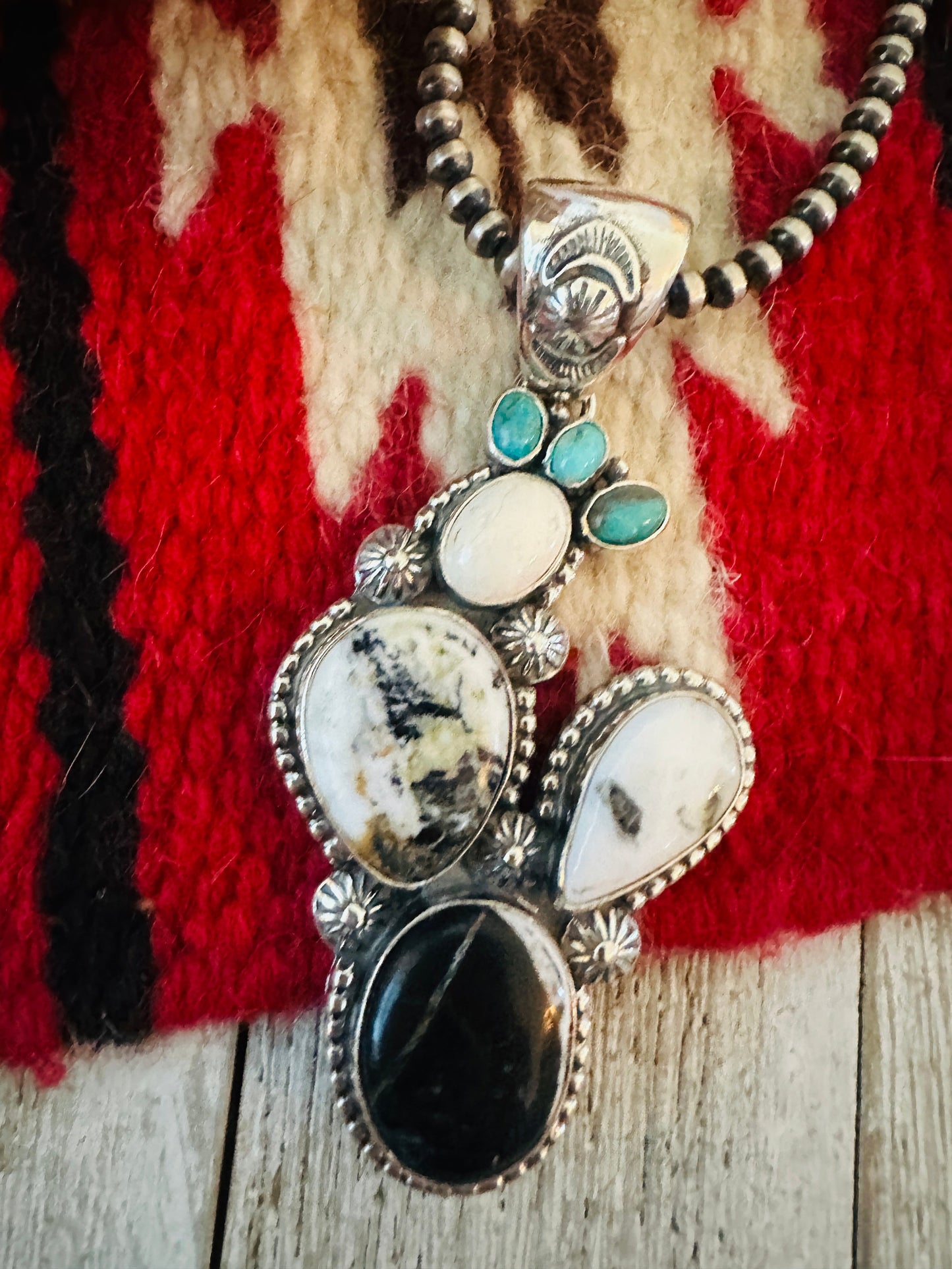 Handcrafted Sterling Silver, White Buffalo & Turquoise Cactus Pendant