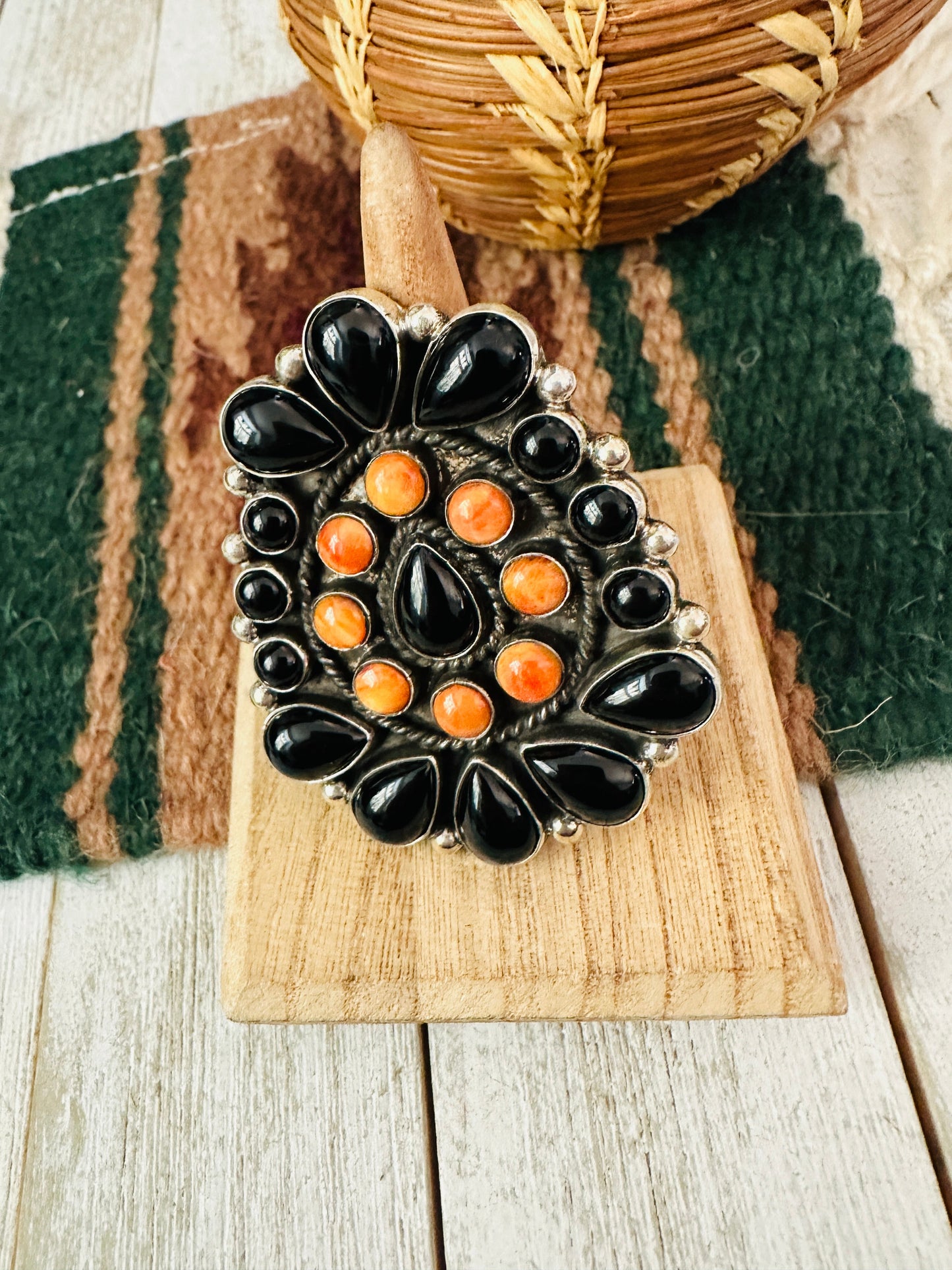 Handcrafted Sterling Silver, Onyx & Spiny Cluster Adjustable Ring