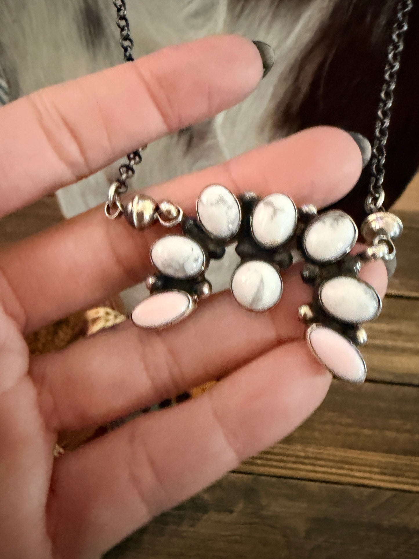 Handcrafted Queen Pink Conch, White Buffalo & Sterling Silver Naja Necklace by Jacqueline Silver