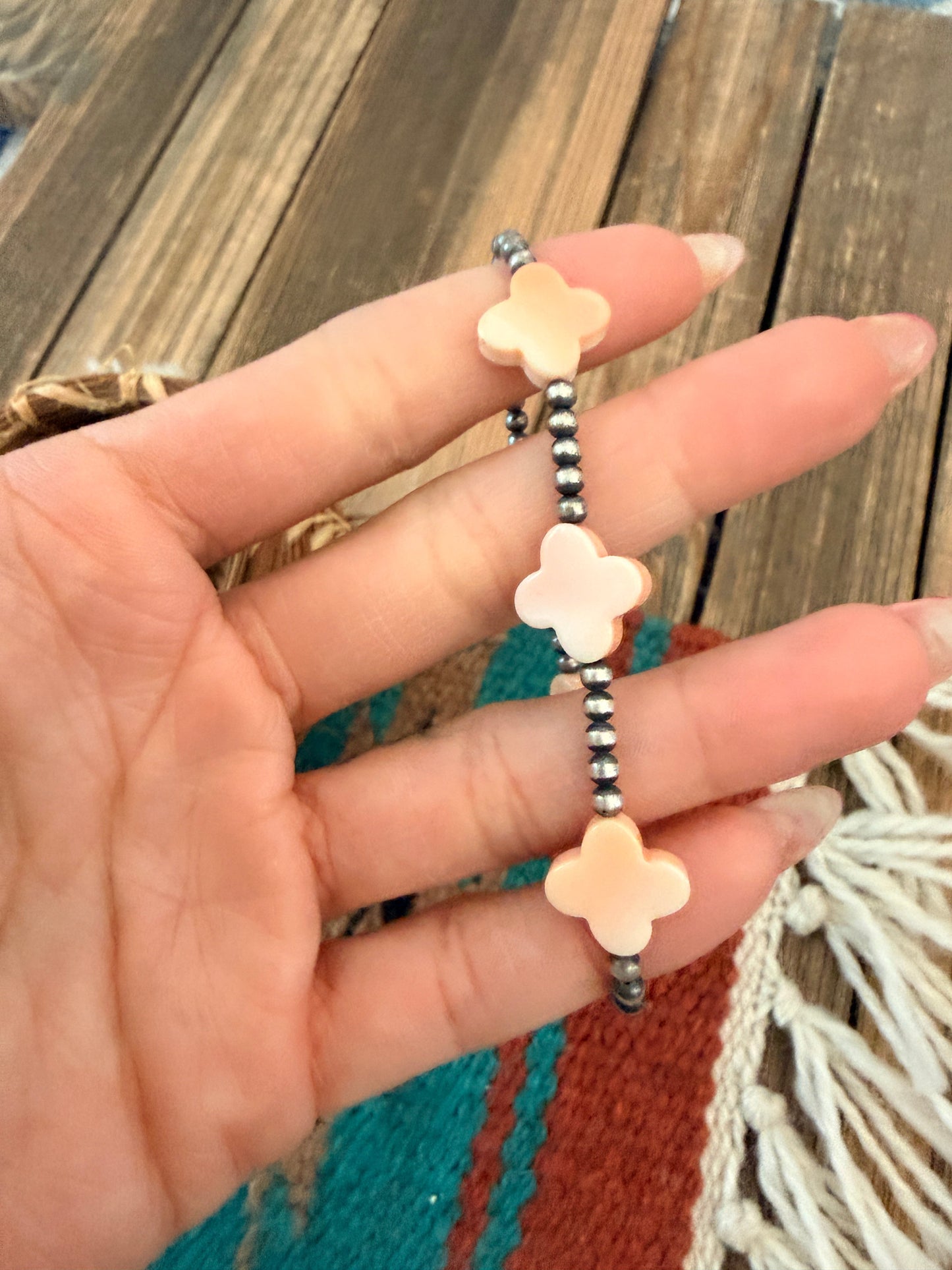 Handcrafted Queen Pink Conch & Sterling Silver Pearl Cross Beaded Stretch Bracelet