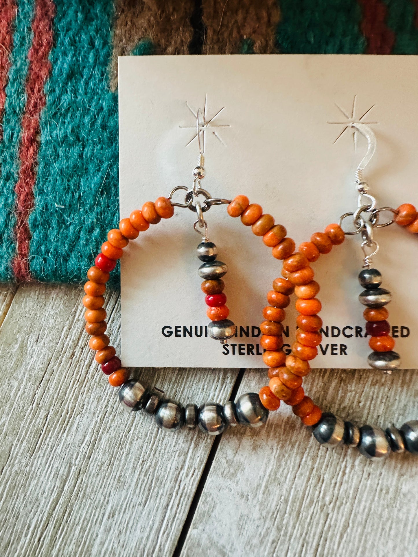 Handcrafted Orange Spiny & Sterling Silver Pearl Beaded Hoop Earrings