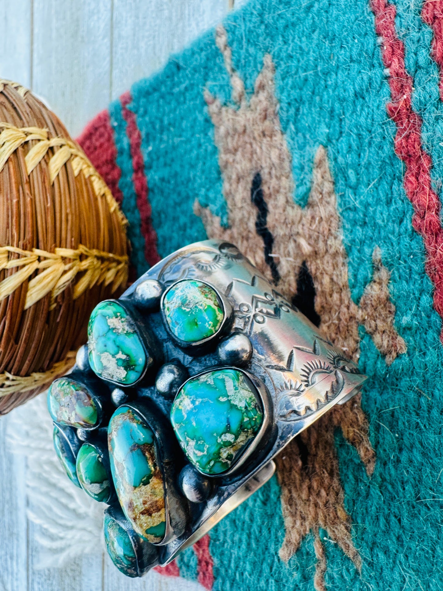 Handcrafted Sterling Silver & Sonoran Mountain Turquoise Cluster Cuff Bracelet by Chimney Butte