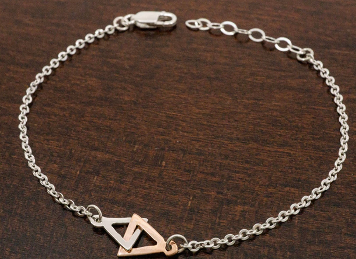 Minimalist Linked Sterling Silver & Copper Bracelet w/ Double Triangles