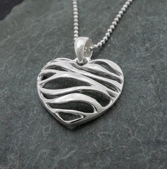 Ribbon Heart Sterling Silver Pendant Necklace