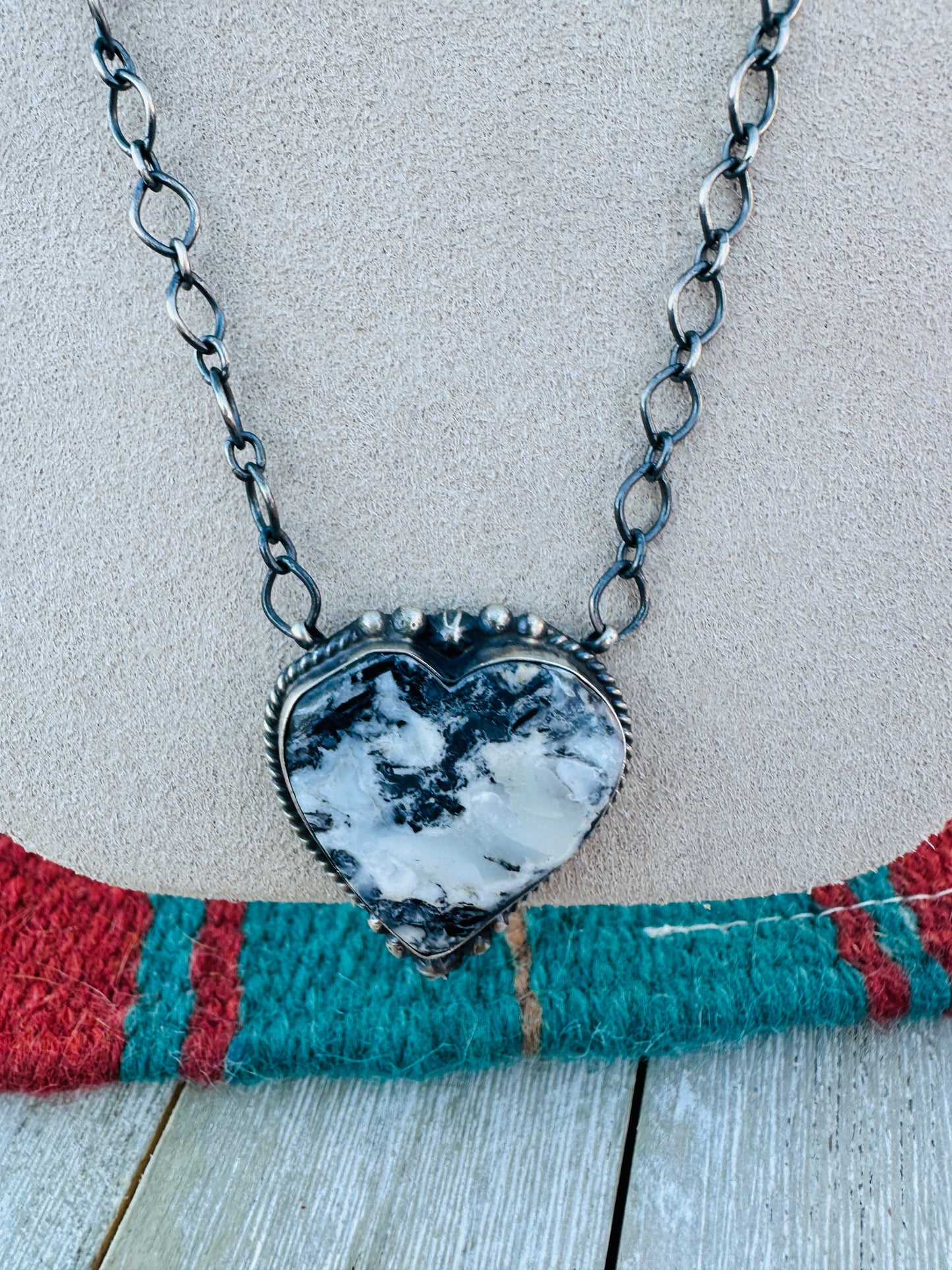 Handcrafted Sterling Silver 18” Link Chain & White Buffalo Heart Necklace