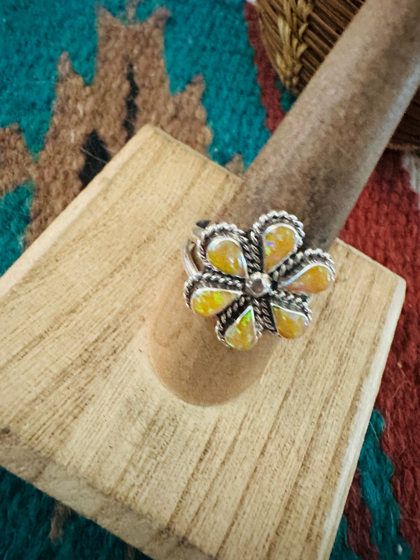 Handcrafted Sterling Silver & Yellow Opal Flower Ring Size 9