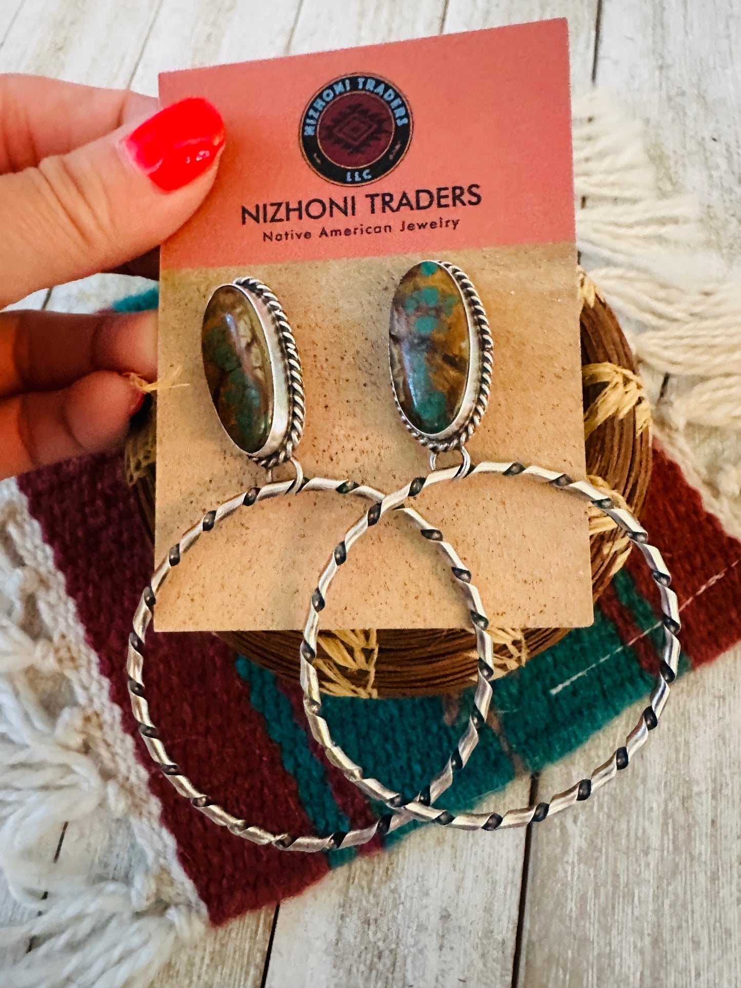 Handcrafted Ribbon Turquoise and Sterling Silver Dangle Hoop Earrings