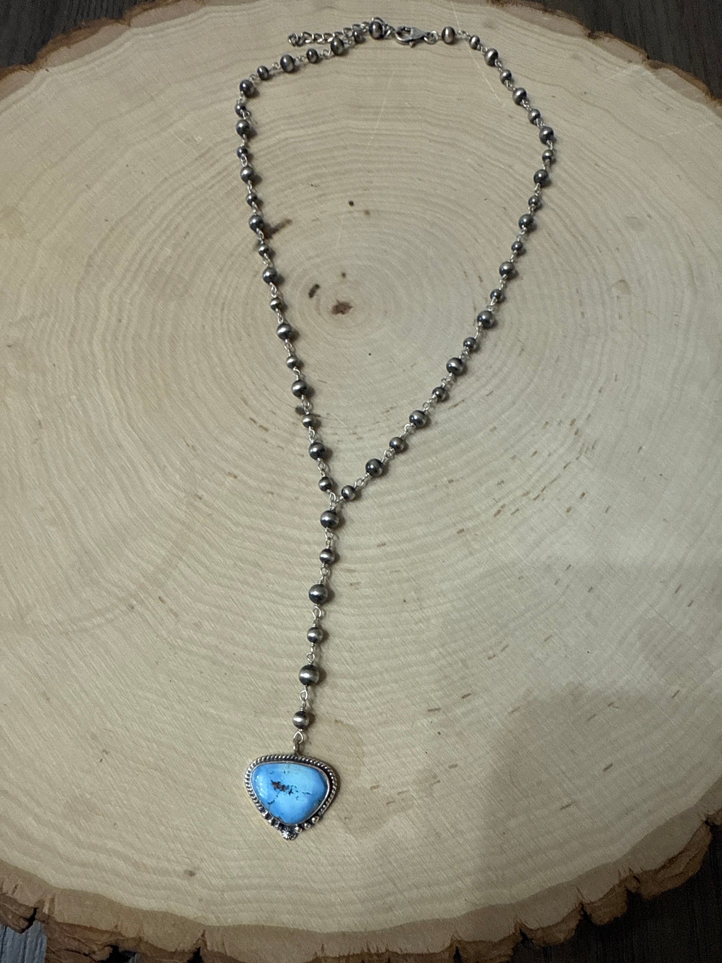 Handmade Sterling Silver Golden Hills Turquoise Beaded Lariat Cross Necklace