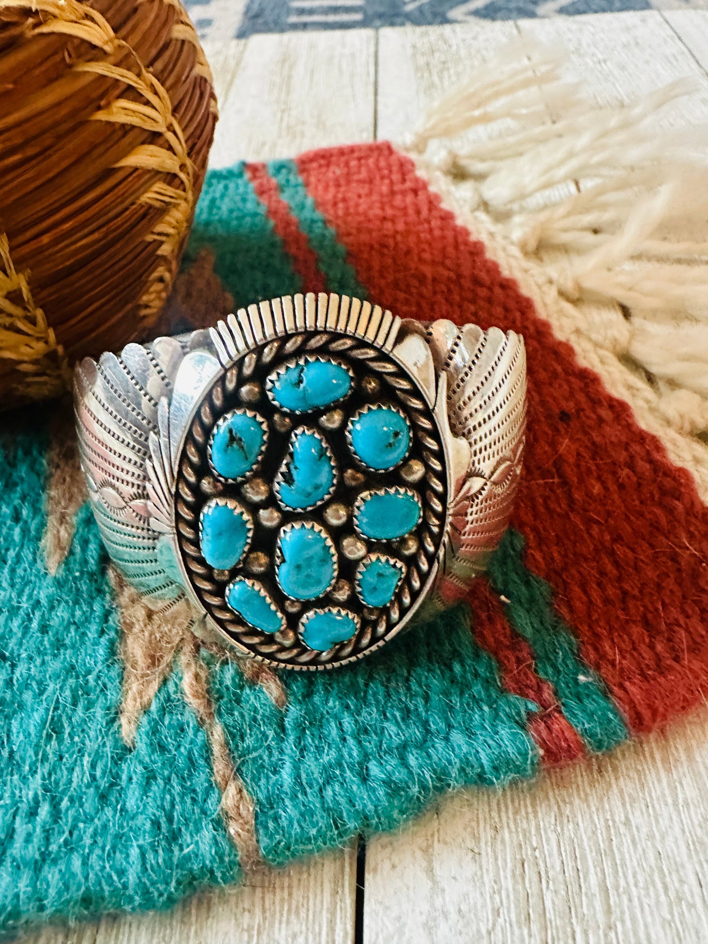 Old Pawn Sterling Silver & Turquoise Cluster Cuff Bracelet /