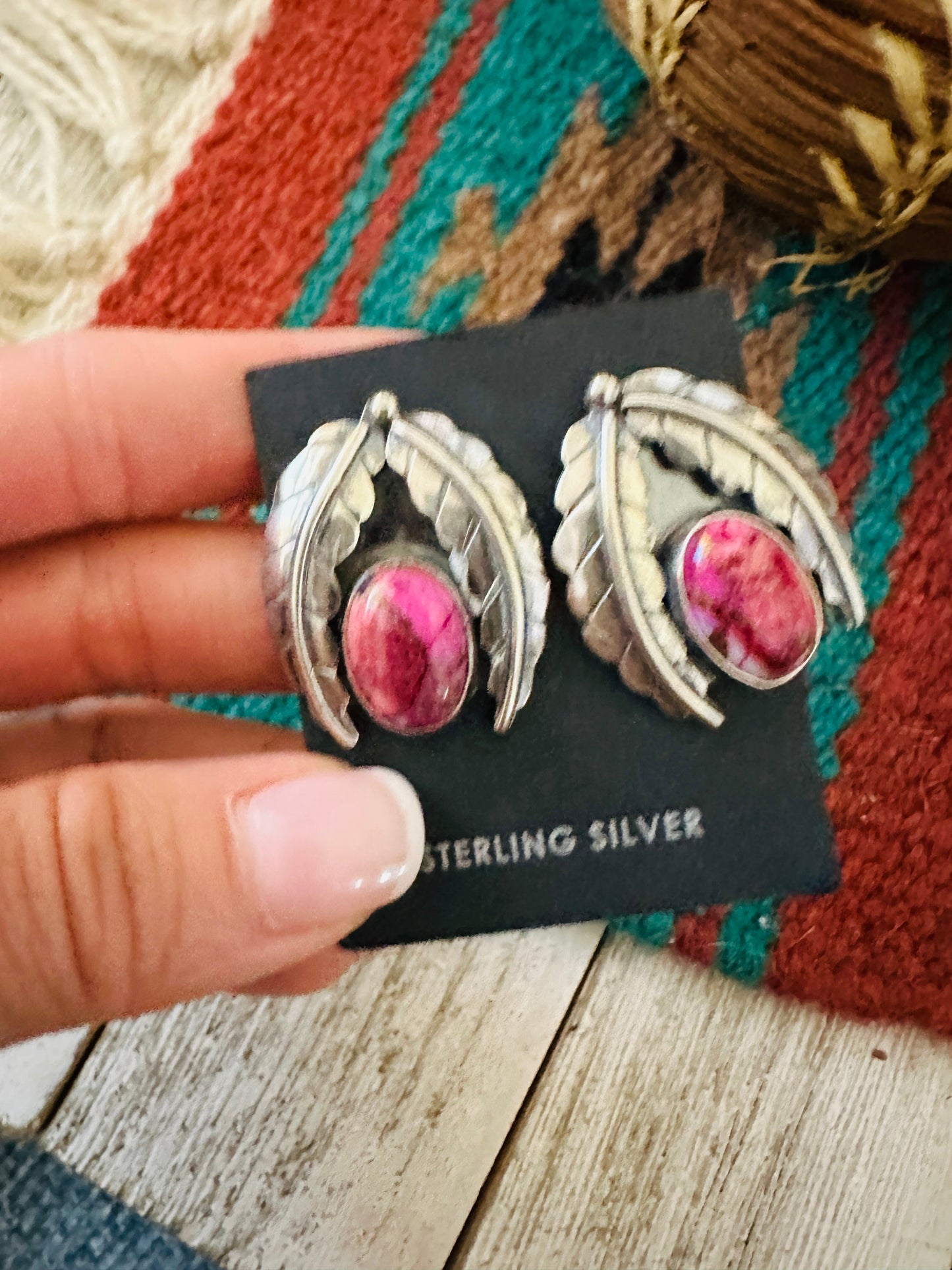 Handcrafted Pink Mojave & Sterling Silver Leaf Post Earrings