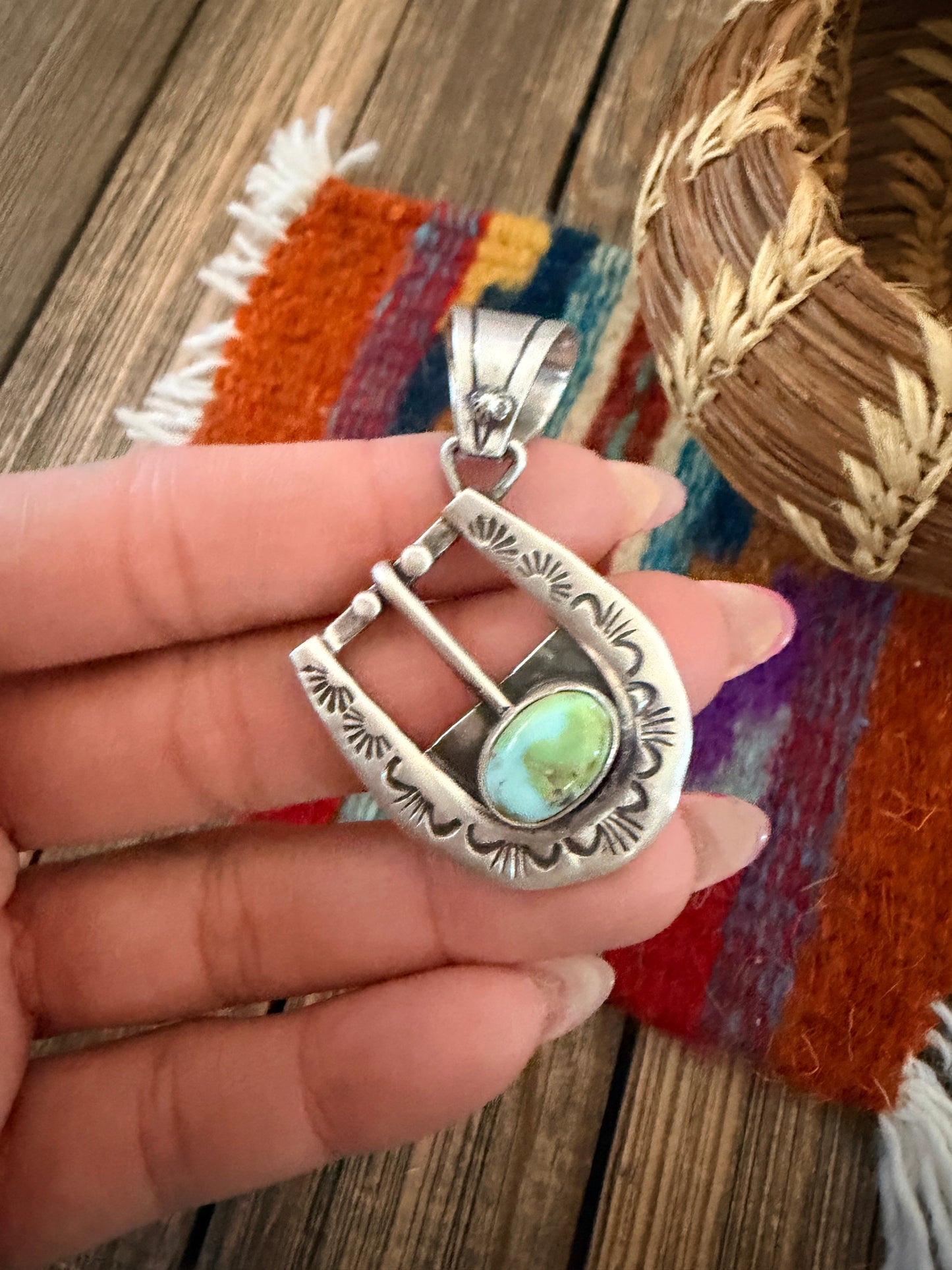 Handcrafted Sterling Silver & Turquoise Belt Buckle Pendant by Leroy James