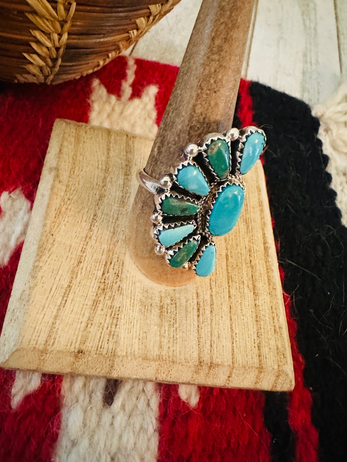 Handcrafted Sterling Silver & Turquoise Cluster Adjustable Ring
