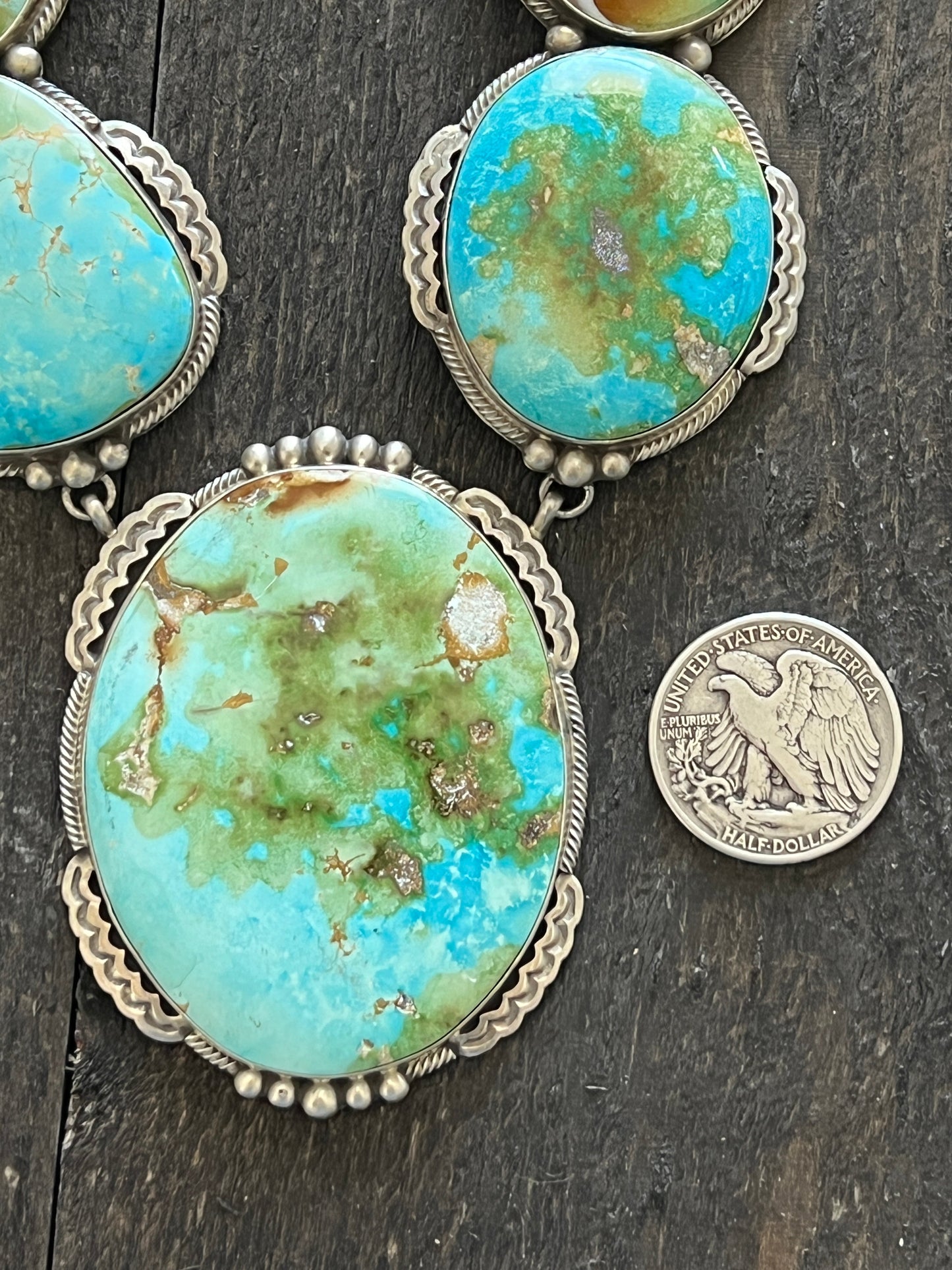 Massive Handcrafted Sterling Silver and Sonoran Mountain Turquoise Statement Necklace with Earrings by Talila Benally