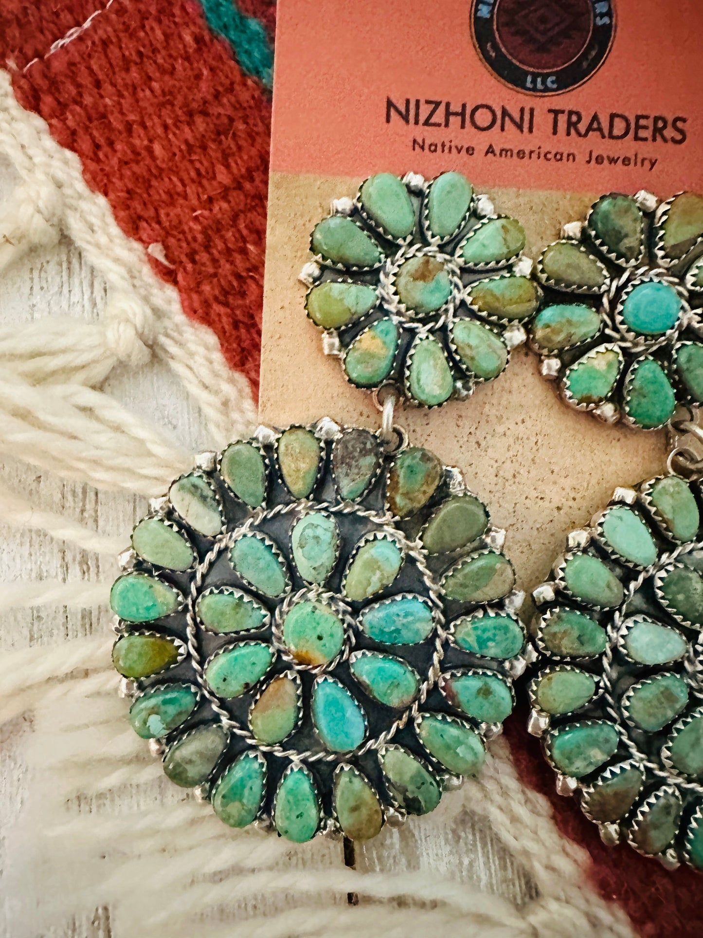 Handcrafted Royston Turquoise & Sterling Silver Cluster Dangle Earrings