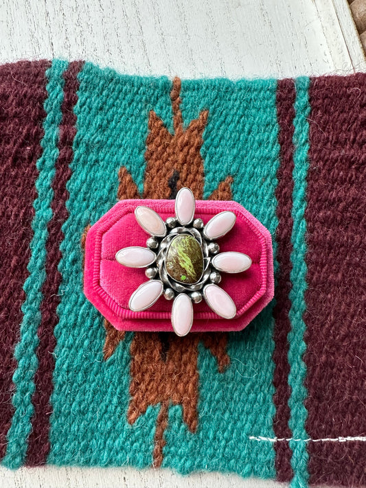 “Pink Blossom” Gorgeous Handcrafted Turquoise, Pink Conch And Sterling Silver Adjustable Flower Ring Signed
