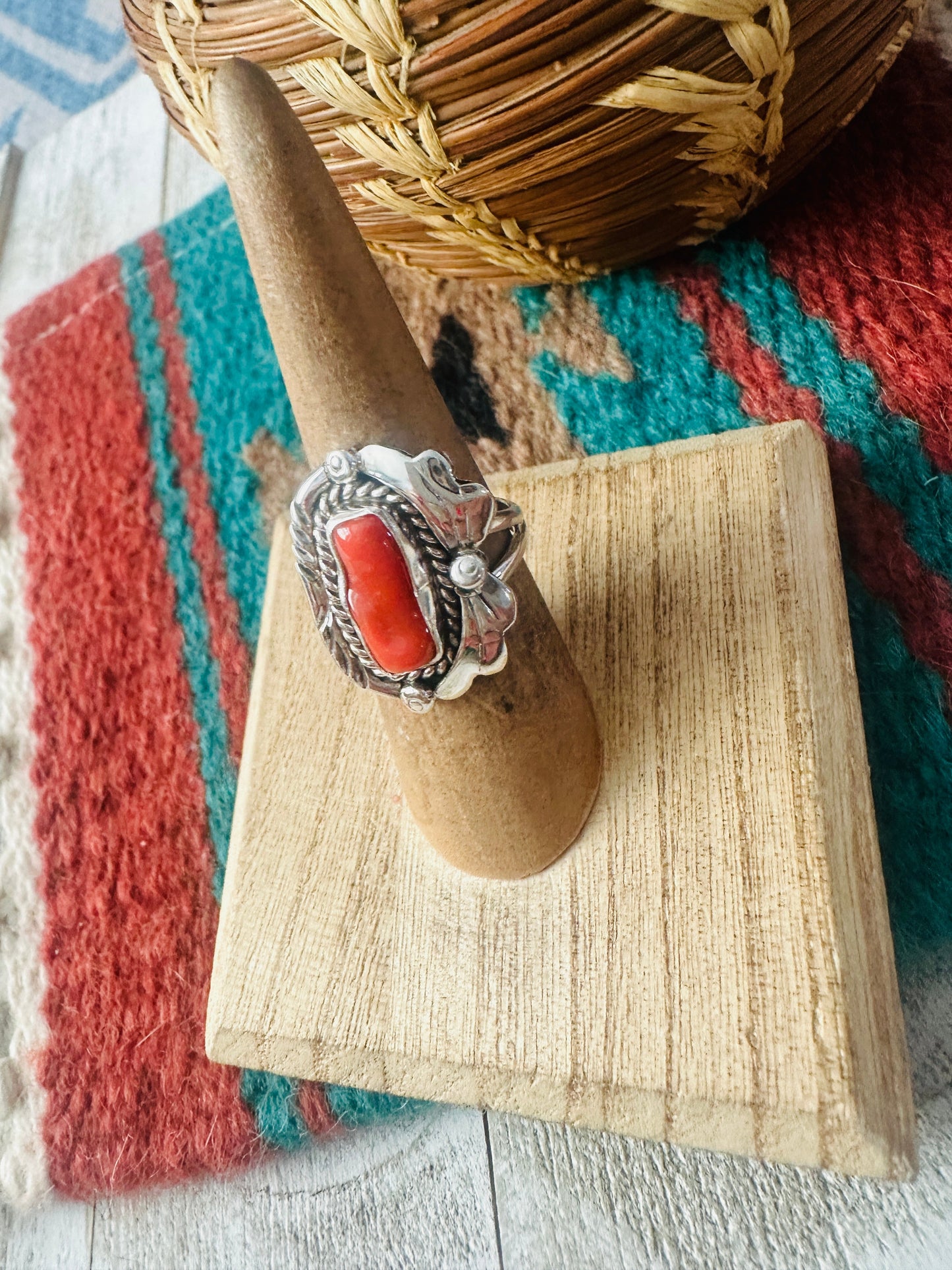 Handcrafted Coral & Sterling Silver Ring Size 5.5