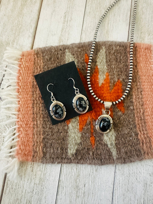 Handcrafted Sterling Silver & Snowflake Obsidian Pendant and Earring Set