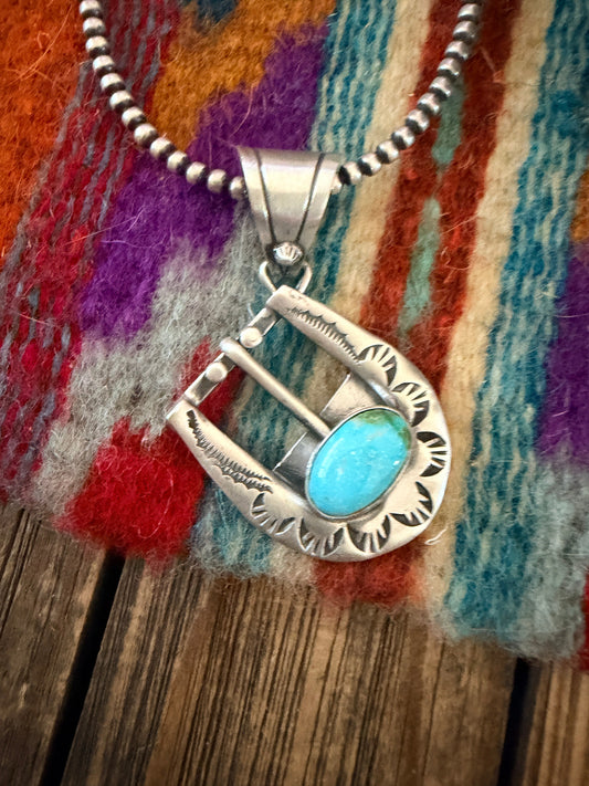 Handcrafted Sterling Silver & Turquoise Belt Buckle Pendant by Leroy James