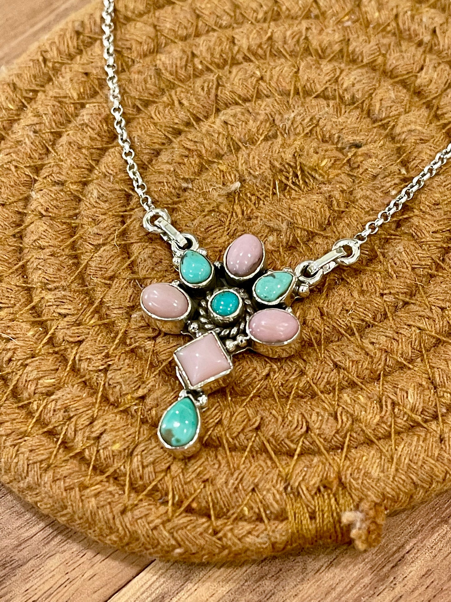 Handcrafted Sterling Silver, Turquoise & Pink Conch Cluster Necklace