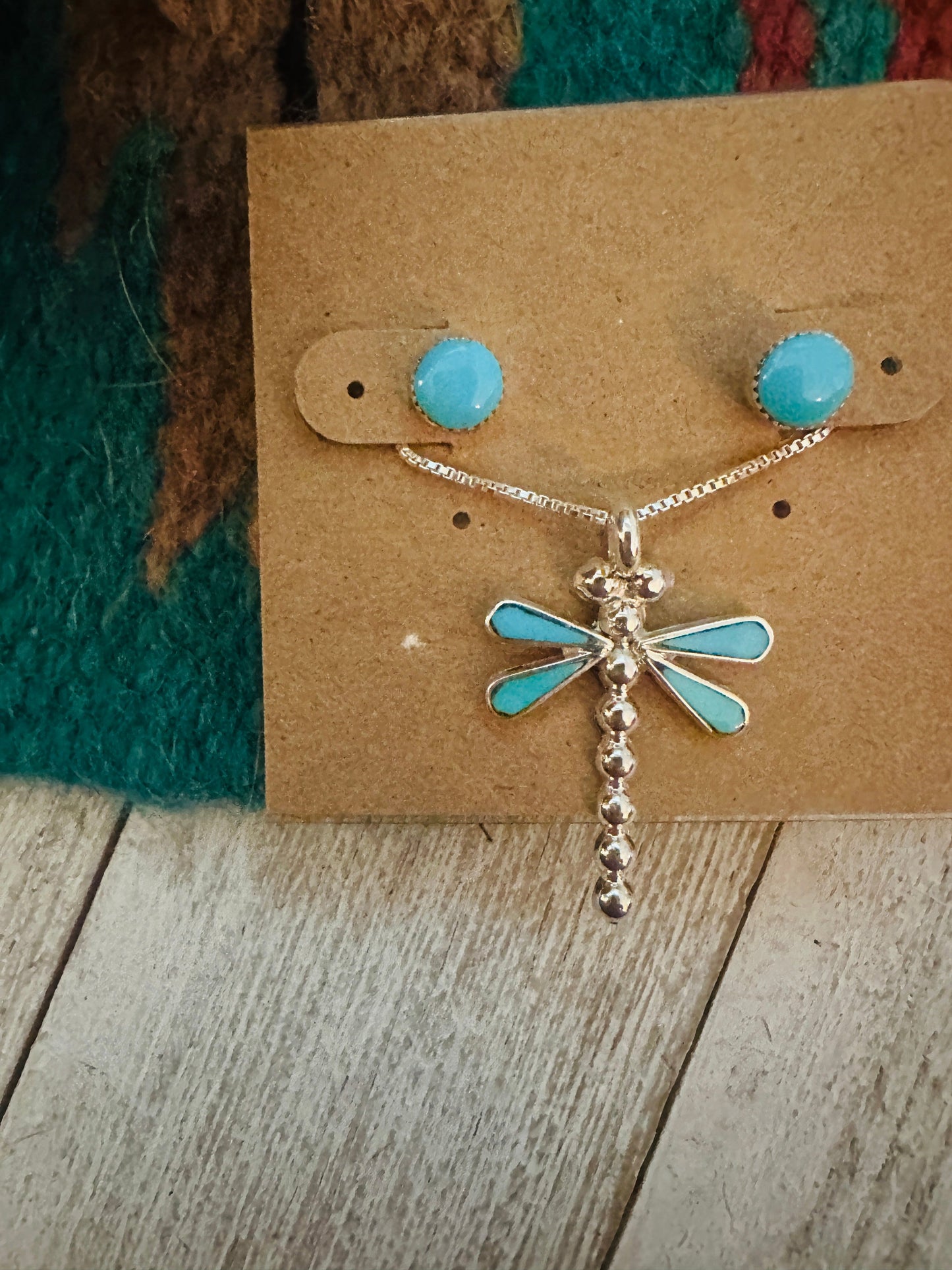 Zuni Sterling Silver & Turquoise Dragonfly Necklace and Earring Set